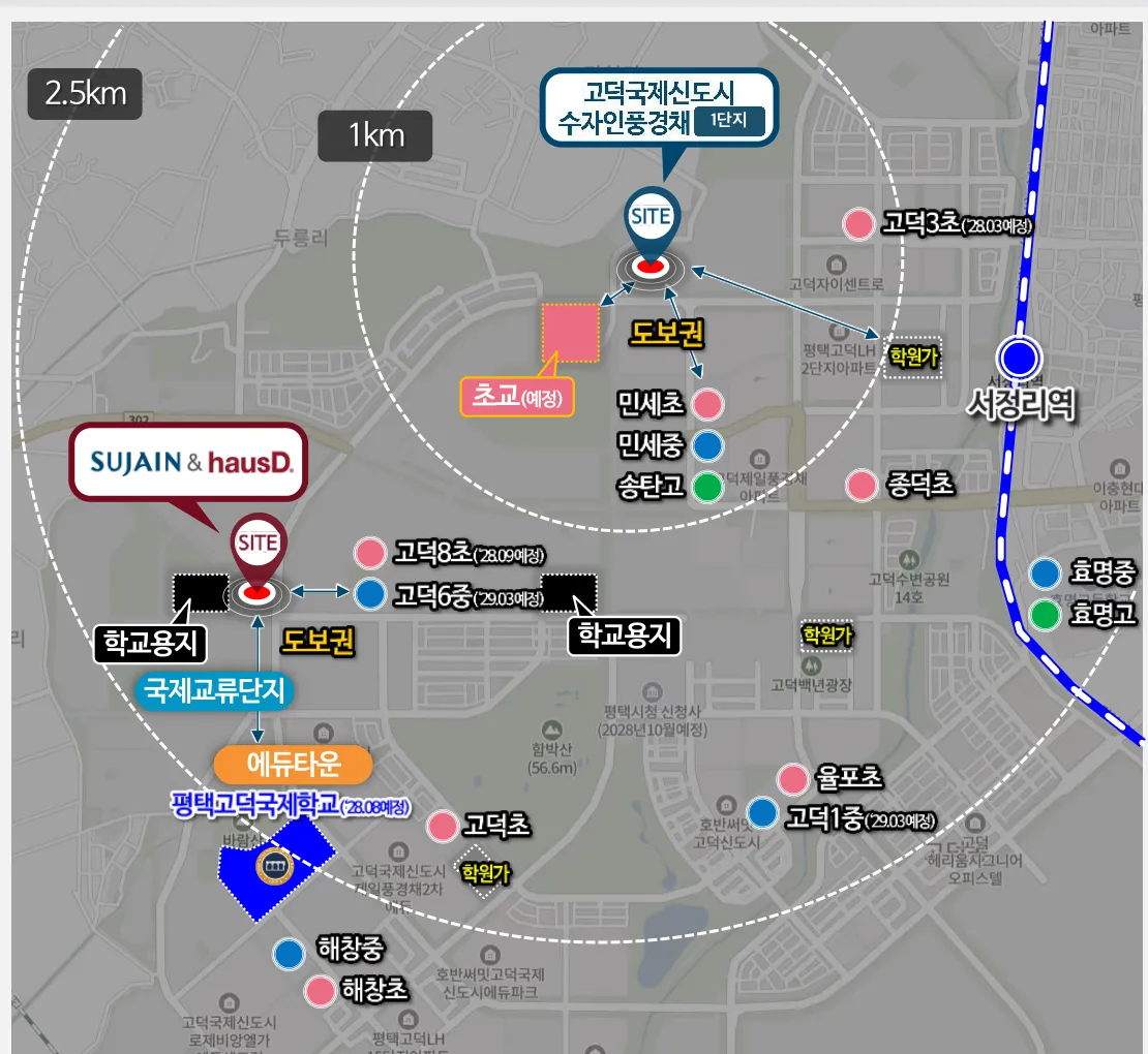 고덕수자인풍경채 1단지와 수자인하우스디 주변 학교·학원가 지도